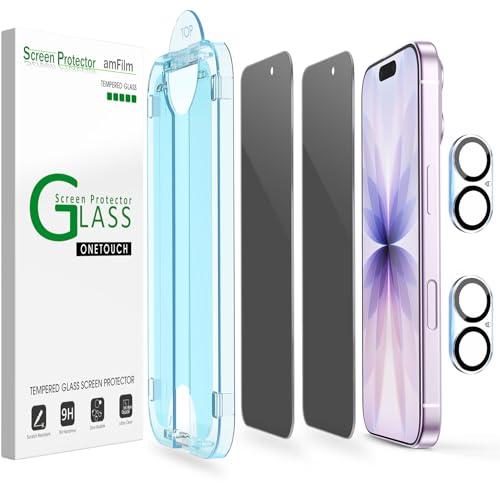 amFilm OneTouch Privacy Screen Protector for iPhone 17 6.3'' + Camera Lens Protector | Auto-Alignment install | Bubble Free | 9H Tempered Glass | Shatterproof | Anti Privacy | Case Friendly 2+2 Pack