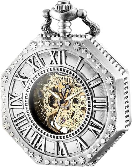 BOSHIYA Vintage Mechanical Pocket Watches for Men Luminous Steampunk Pocket Watch with Chain Black Skeleton Dial Roman Numberals Pocketwatch Gifts for Fathers Day