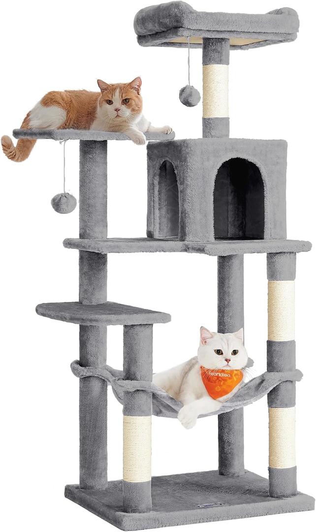 Feandrea Cat Tree, 54.2-Inch Cat Tower, Multi-Level Condo, Light Gray