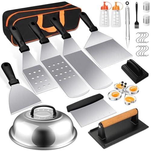 Terlulu Griddle Accessories Kit, 28 PCS Flat Top Grill Accessories for Blackstone and Camp Chef, Metal Spatula Set with Burger Press, Melting Dome, Tongs, Scraper, Carry Bag for Outdoor Grilling BBQ
