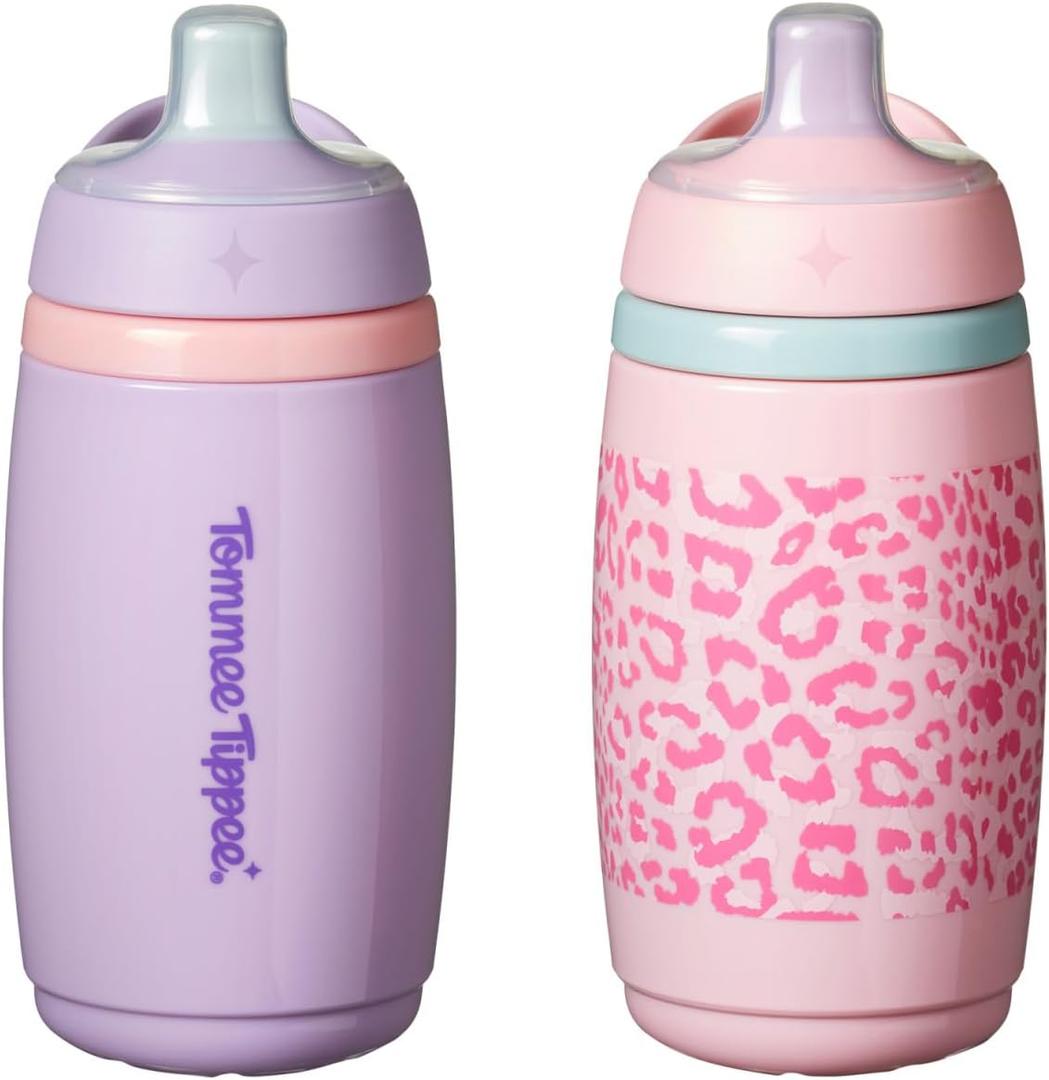 Tommee Tippee Active Spout Toddler Cups, 9 oz, Insulated Sippy Cups For Toddlers 1-3, Silicone Spout, Leak-Proof Valve and Handle, Pink and Purple, Pack of 2
