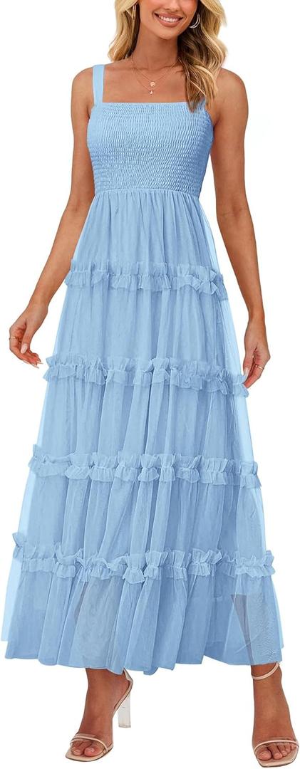 PRETTYGARDEN Women's Summer Dresses 2025 Sleeveless Smocked Tiered Ruffle Tulle A-Line Flowy Wedding Party Maxi Dress (Light Blue)