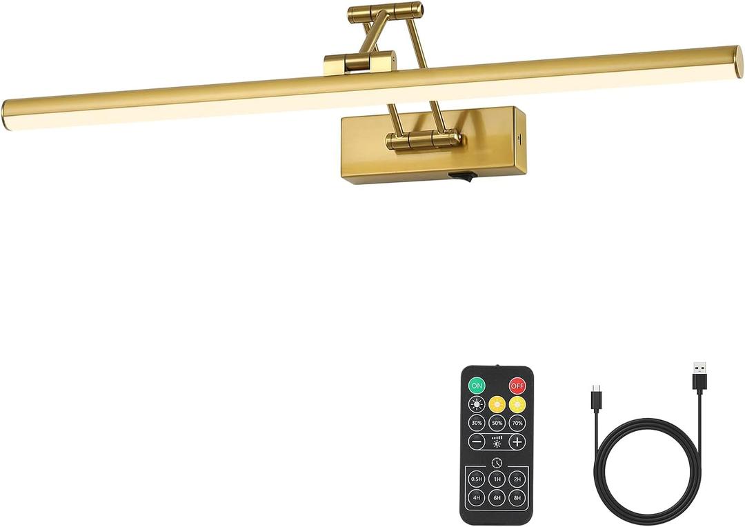 Joossnwell Battery Operated Picture Light for Wall Rechargeable Art Lighting for Paintings Wireless 23.62Inch Picture Frame Light with Remote Dimmable Gallery Light Brass for Library Artwork Museum, 23.62 inch long