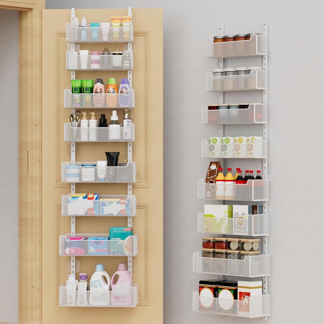 Over The Door Organizer, 8-tier Metal Door Organizer Hanging with Adjustable Baskets, Behind The Door Storage for Bedroom Closet Bathroom Pantry Cabinet Kitchen, White