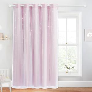 NICETOWN Bedroom Curtains 84 inches Long - Double Layered Ombre Moon Star BlackoutCurtain Panel with White Sheer Overlay, Nursery Curtains for Kids Room Decor, 70" Wide, Pink, 1 Piece