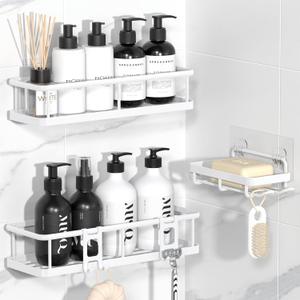 YASONIC Shower Caddy Adhesive, No Drill Bathroom Shower Organizers, with Removable Hooks and Soap Holder, Rust Proof Shower Shelves, Wall-Mounted Shower Holder, White, 3 Pack, YS-K-419E