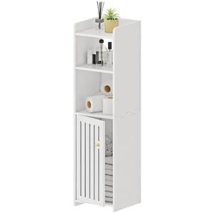 POBOMULI Small Bathroom Storage Cabinet, Narrow Bath Organizers with Door and Open Shelf for Toilet Bathroom Small Spaces, White