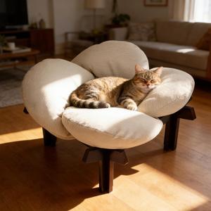 Elevated Wooden Cat Bed with Fluffy Cushion Raised Lounge Sofa
