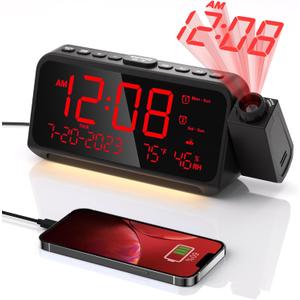 Projection Alarm Clock for Bedroom,Digital Clock with 350 Rotatable Projector,5-Level Dimmer,Dual Alarm with Weekday/Weekend Mode,Adjustable Volume,Temp,Humidity,Calendar,Snooze,12/24H,Night Light, Small