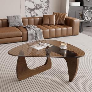 Modern Glass Coffee Table, Triangle Center Table with Tempered Glass Top& Unique Wooden Base, 35.5 Mid Century Tea Tables for Living Room, Apartment, Office,Walnut & Brown