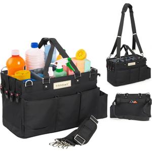 FifthStart Multiuse Cleaning Caddy w/Waist & Shoulder Strap - 9 Pockets Tote Bag for Housekeeping Gardening Fishing Bathroom Organizer Adjustable Compartments, Black Large Caddy Organizer with Handle,  Large