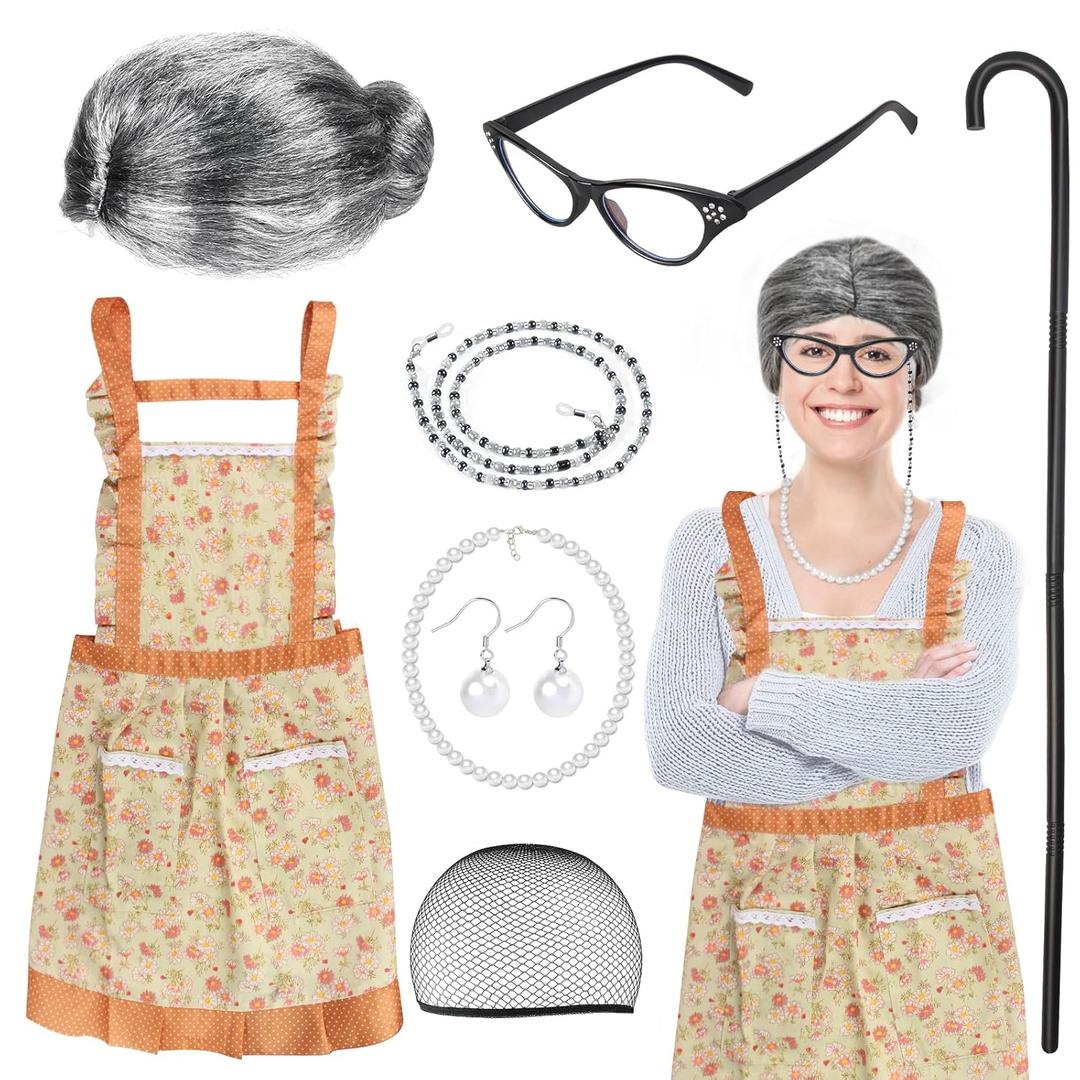 Old Lady Wig Accessories Old Women Grandma Granny Costume for Halloween Cosplay 100 Days of School