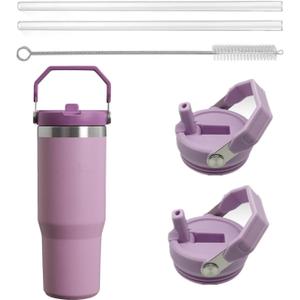 2Pack Replacement Tumbler Lid Fit for Stanley IceFlow 30 oz(Only) Flip Straw Lid, with 2Pcs Reusable Straws,1Pcs Cleaning Brush (Purple)