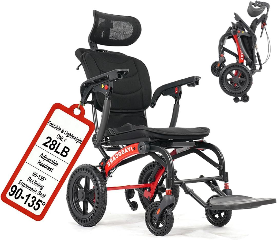 Transport Wheelchair Lightweight Foldable with Ergonomic Seat,Reclining Wheelchairs for Adults with Adjustable Headrest,Support 264LB Portable Compact Folding Travel Wheelchair,Only 28LB