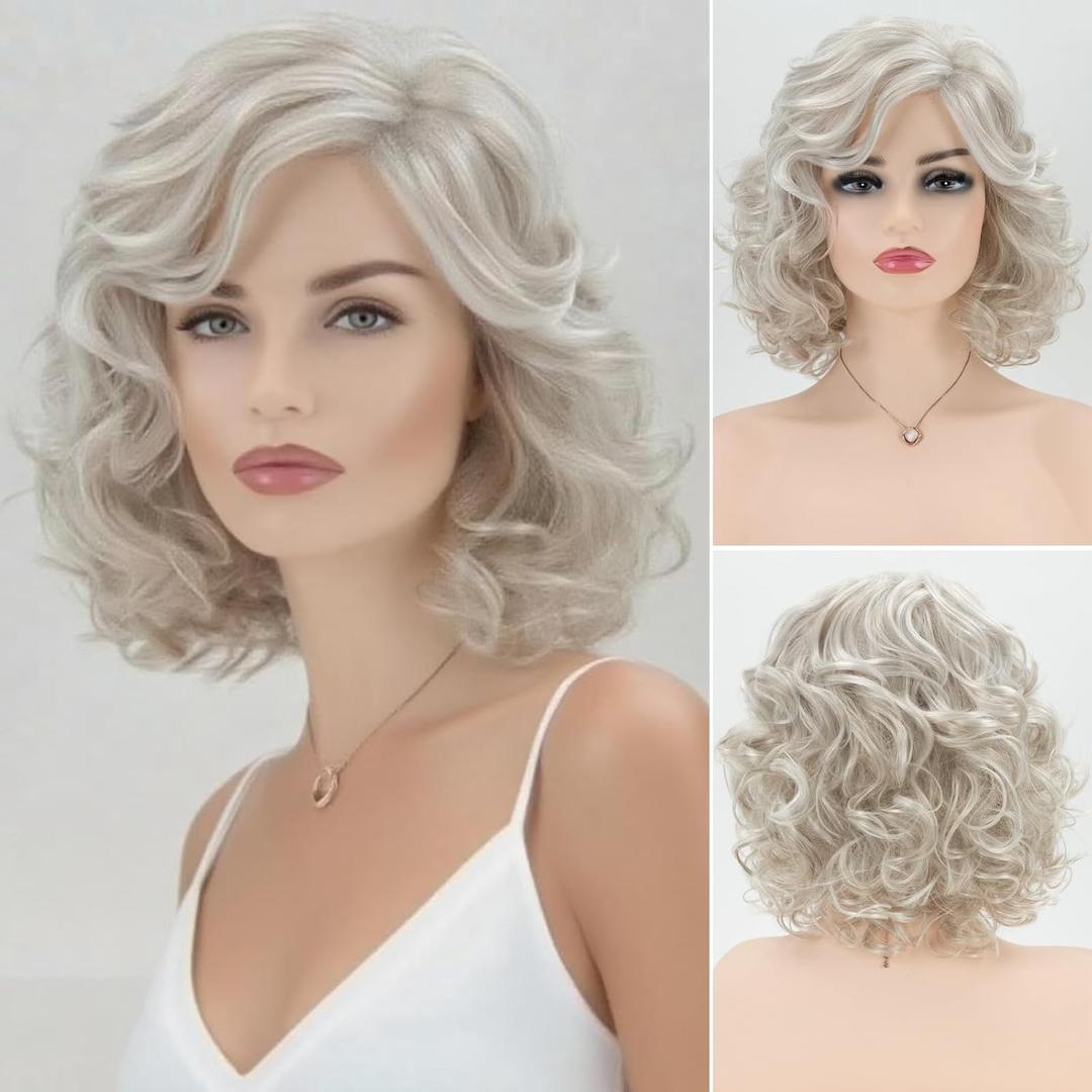 RENERSHOW Short Sliver Gray Curly Wigs for White Women Grey Mix Little Light Brown Wavy Bob Wig with Curtain Bangs Heat Synthetic Daily to Party Womens Wig (Silver)