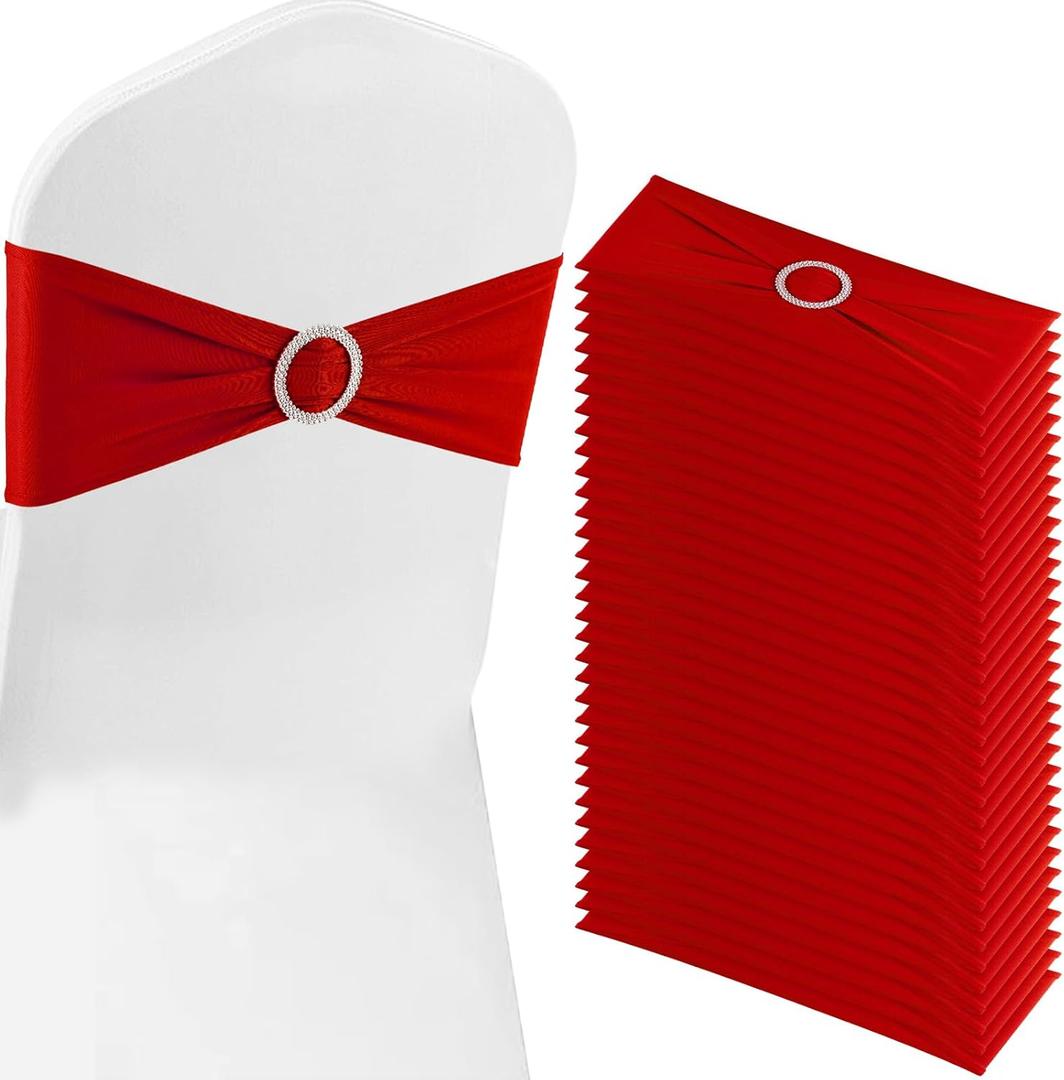 Red Chair Sashes 100 Pack Spandex Stretch Chair Band Sashes with Buckles for Folding Chairs Wedding Party Reception Baby Shower Events Banquet Decorations