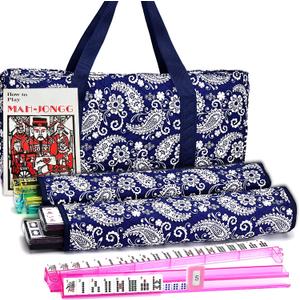 Mose Cafolo American Mahjong Set, Blue Paisley Carrying Bag,166 Premium White Tiles,4 All-in-One Color Rack/Pushers Complete Mahjong Tiles Set 