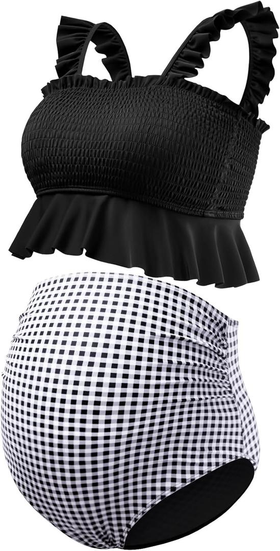 GINKANA Maternity Two Pieces Bikini Set High Waist Bathing Suits Set Swimwear Ruffle Trim Straps Pregnancy Suits Swimwear Beachwear, Black White Plaid, S
