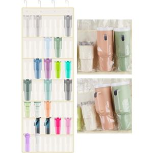 NiHome 35 Pockets Door Hanging Organizer for Large Stanley 30oz 40oz Tumblers with Handles, Deep Clear Pockets with Handle Slots, Waterproof Oxford Fabric for Kitchen, Cabinet, Pantry, Closet (Beige)