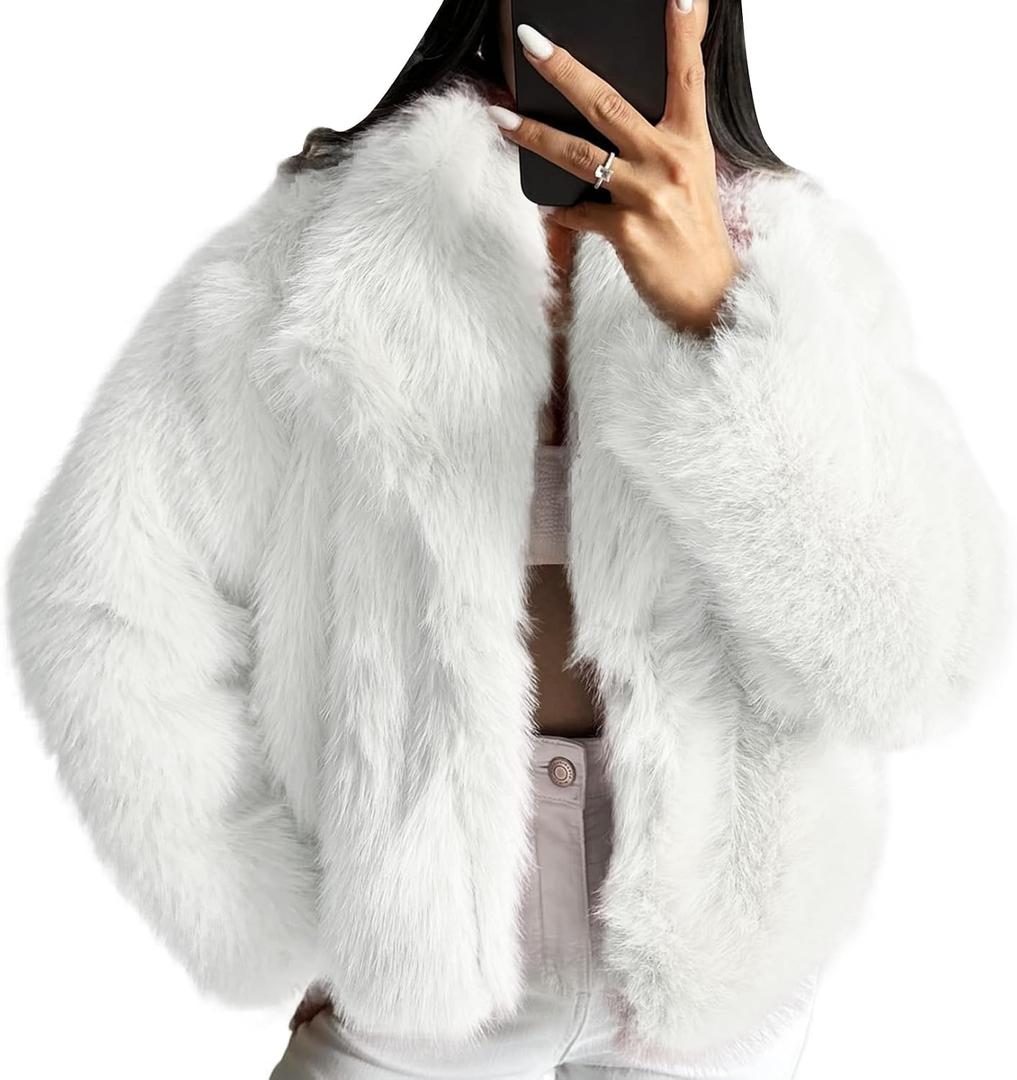 COZYPOIN Womens Faux Fur Jacket Fluffy Fur Coat Cropped Long Sleeve Lapel Button Down Fuzzy Winter Outerwear (White, S)