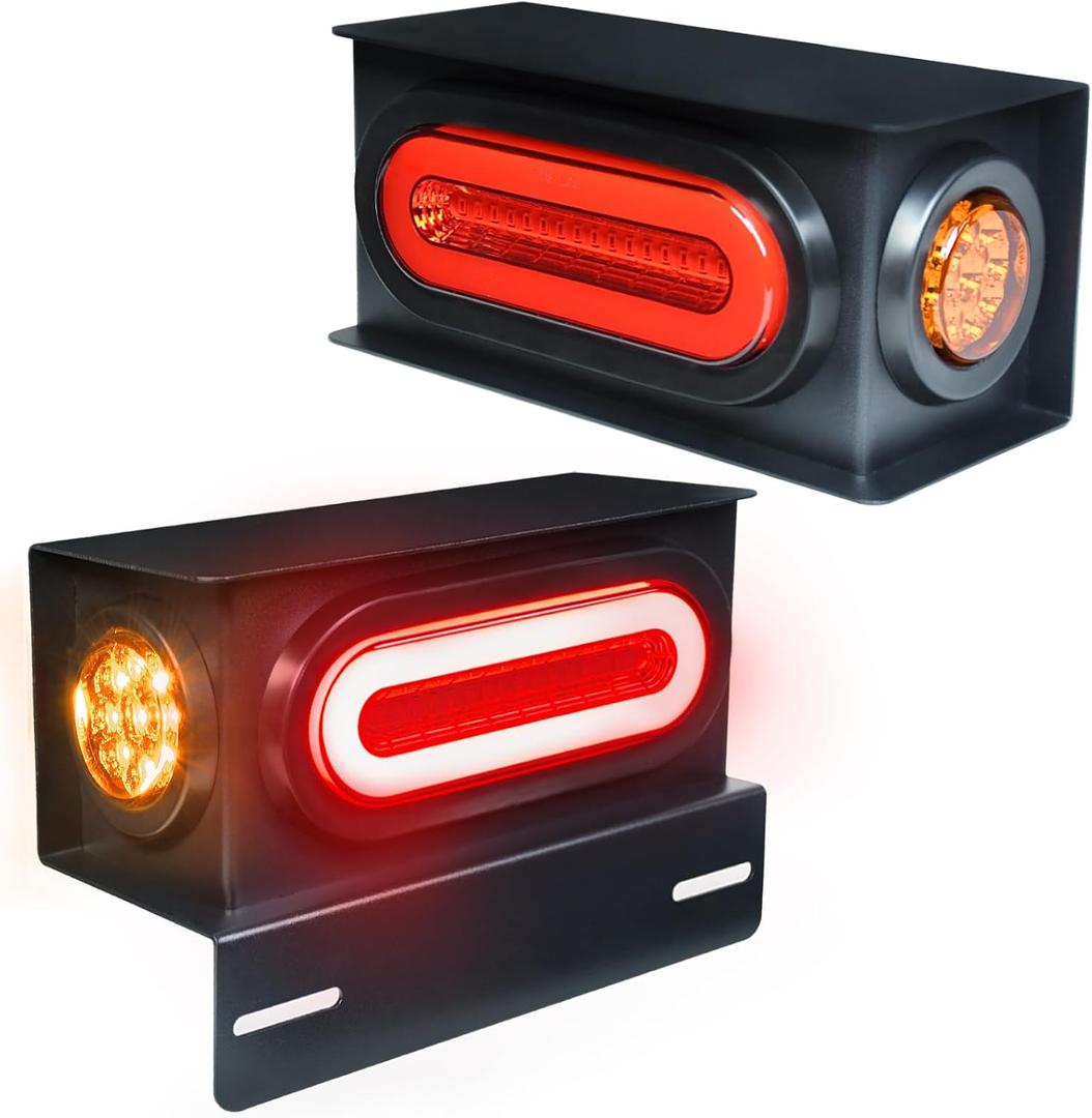 2Pcs Trailer Halo Light Steel Box Housing w/6" inch Oval 52 Red LEDs Stop Turn Tail Lights & 2" inch 9 Amber LEDs Clearance Side Marker light w/License bracket Recessed Mount submersible IP67,DC 12V