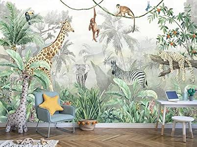 Reyhui Kids Wallpaper Tropical Leves and Safari Animals Wall Mural for Wall Bedroom Living Room TV Background Sofa Wall (not self-Adhesive)
