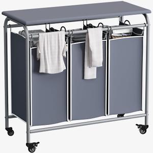 LINZINAR 3 Bag Laundry Basket Sorter Heavy Duty Rolling Lockable Wheels Laundry Hamper Cart with Ironing Board and Removable Bags, Grey