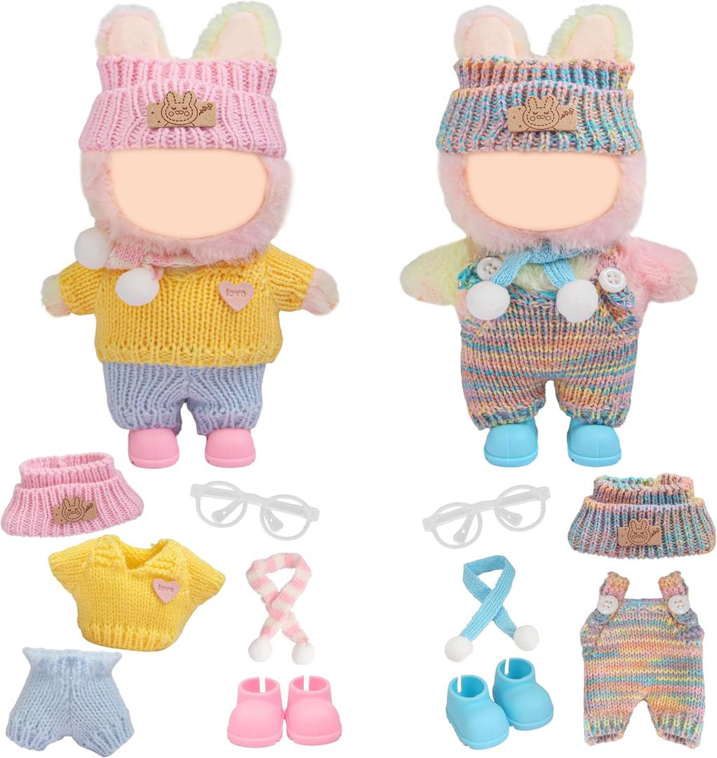 17cm Doll Clothes - 10PCS Cute Dolls Clothes and Shoes,Hat, 6.7 Inches Woolen Crochet Suit,Strap Jumpsuit, with Scarf Glasses - Adorable Pink Blue Dolls Accessories (NoDoll) (10 Piece Set - Mixed)