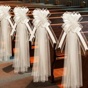12 Set Large Wedding Pew Bows with Long Tulle Tails Church Chair Aisle Decorations Wedding Car Decoration Big Bows for Bridal Shower Reception Birthday Anniversary (Champagne)