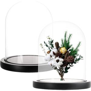 ZOOFOX Set of 2 Glass Dome Cloche with Black Wooden Base, 5.7" x 6.5" Decorative Bell Jar Display Dome for Plants, Fairy Lights, Photos, Succulents and Medals