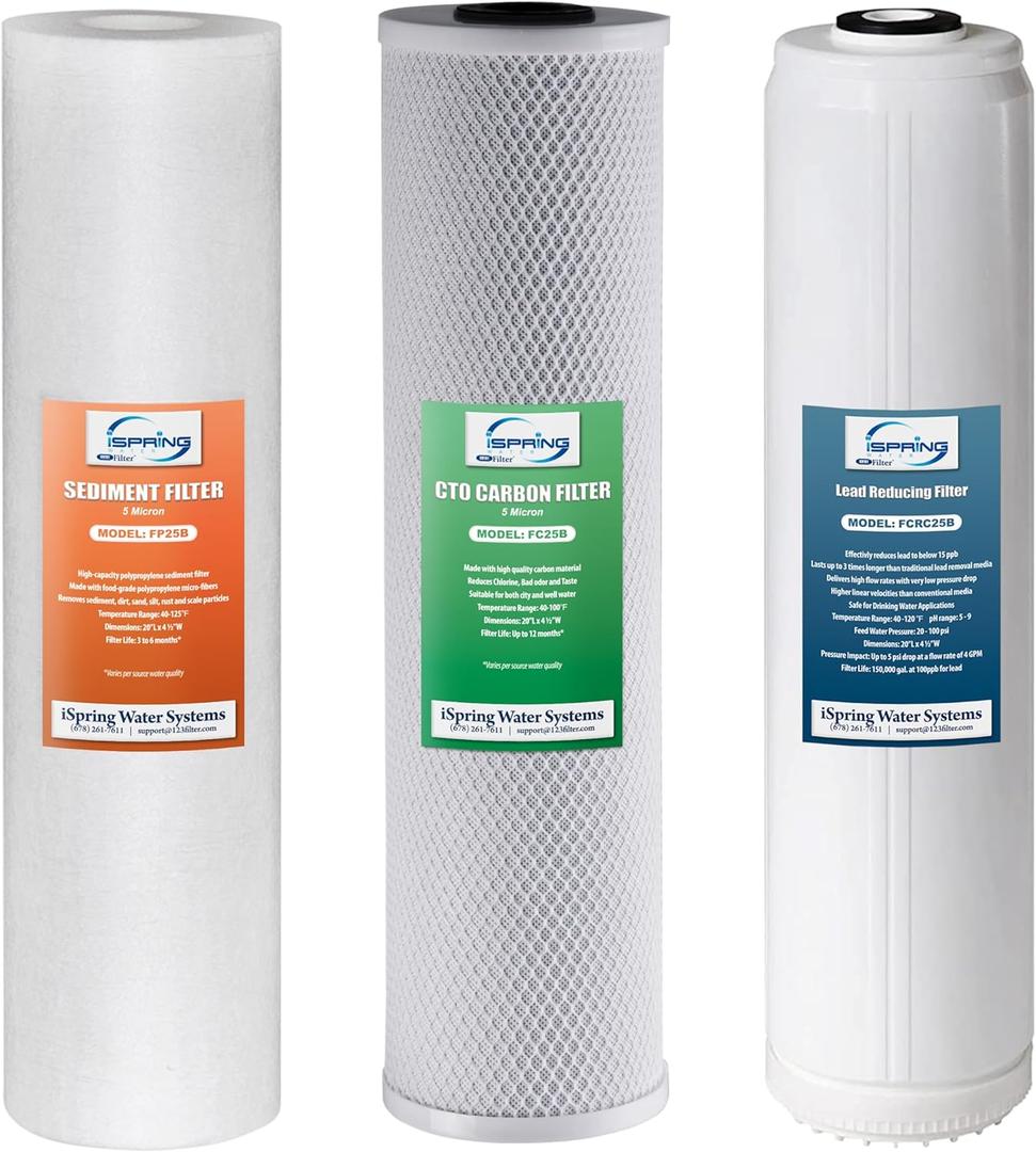 iSpring F3WGB32BPB 4.5 x 20 3-Stage Whole House Water Filter Replacement Pack w/Sediment, Carbon Block, and US-Made Lead Reducing Cartridges, Fits WGB32B-PB