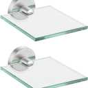 JQK Small Floating Glass Shelves Brushed, 4 Inch Display Ledges for Wall, Mini Decor, Living Room Bedroom Bathroom, Tempered Glass Shower Storage, 2 Pack, TGS101L4-BN-P2