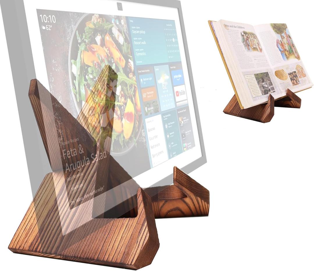 Solid Wood Tablet Computer Stands Compatible for Echo Show 15,Echo Show 21,Support Both Horizontal and Vertical Modes.and Suitable for Cookbook Stand Holder Display. (Dark Brown)