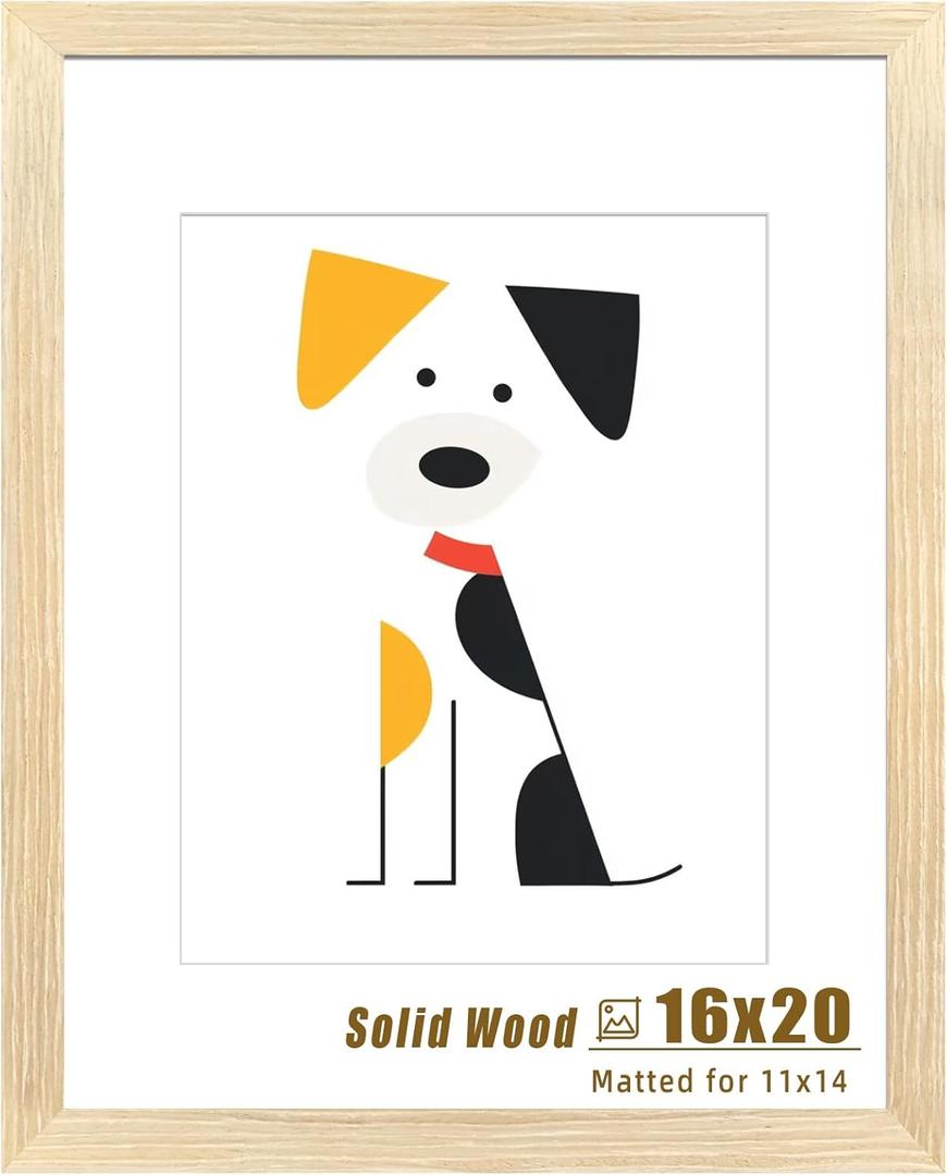 LUCKYLIFE 16x20 Picture Frame, Natural Solid Wooden Poster Frames for Wall, Display 11x14 with Mat or 16x20 Without Mat, 1 Pack