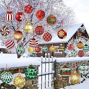 30 Pieces Outdoor Double Sided Lawn Decorations Christmas Hanging Ornaments Plastic Outdoor Holiday Decorations for Xmas Home Office Tree Porch Yard Decor