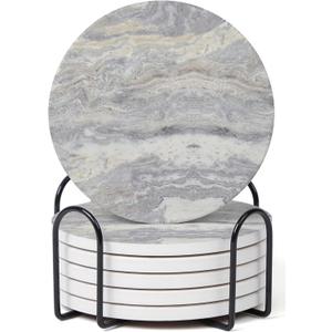 Set of 6 Light Gray Abstract Onyx Marble Coasters with Holder, Absorbent Ceramic Coasters for Drinks, Coasters with Cork Backing for Table Protection, Coffee Table Decor