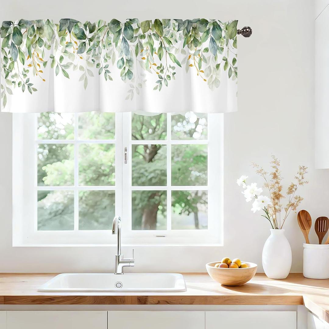 Green Eucalyptus Leaves Valance for Windows,Window Treatment Curtains Rod Pocket Sheer Small Short Valance for Kitchen Bathroom Laundry Basement,42Wx12L inch,Boho Watercolor