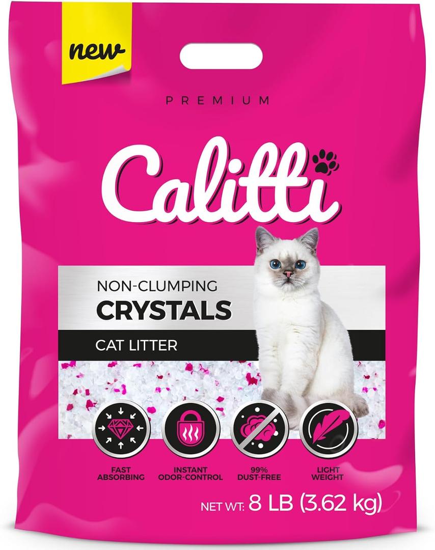Calitti Premium Crystal Cat Litter 99.9% Dust Free, Maximum Odor Control, Soft on Paws, Low Tracking, Lightweight Silica Gel, Non-Clumping, Multi-Cat, Unscented 8 lb Bag