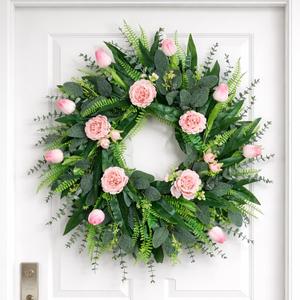 26 Inch Large Spring Wreath for Front Door Pink Peony & Tulip Floral Wreath with Frosted Eucalyptus, Handmade Full Greenery Wreath for Entryway, Porch, Wall Decor
