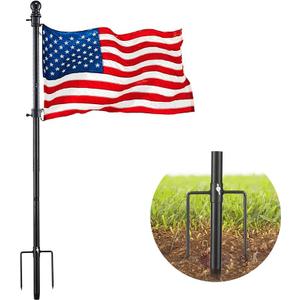 Flag Pole Kit for Outside House in Ground - 8FT Black Metal Outdoor House Yard Garden Flag Pole with 2 Pronges Base - Stainless Steel 3x5FT American Flag with Pole Residential Commercial