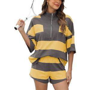 Women's Striped 2 Piece Outfits Oversized Lounge Set Summer Workout Sets Top and Shorts with Pockets (Medium, Yellow)
