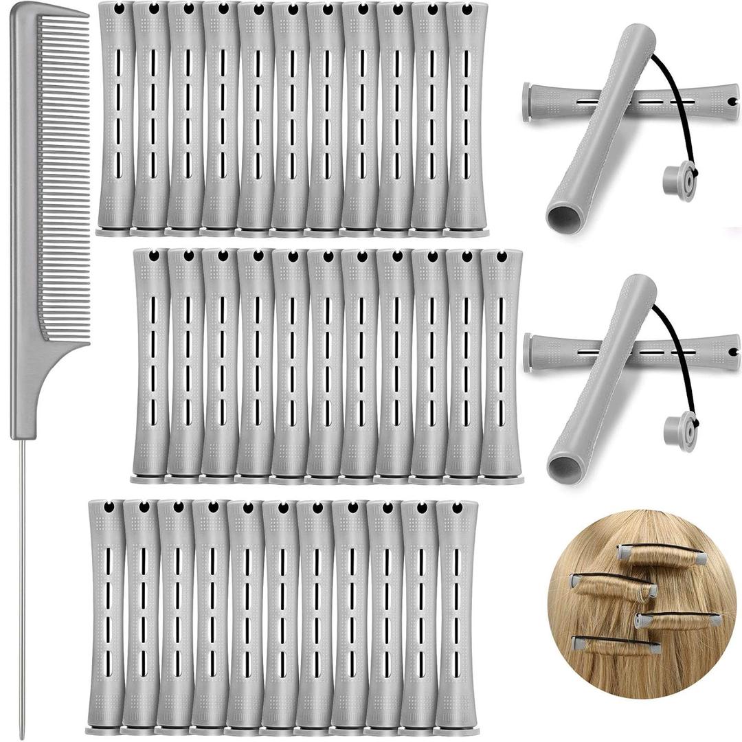 WILLBOND 36 Pieces Cold Wave Rod Hair Perm Rods Hair Rollers Perming Curlers with Steel Rat Tail Comb for Hairdressing Styling (0.59 Inch (Pack of 36), Gray)