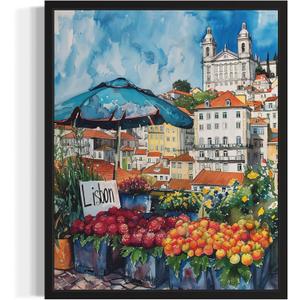 Lisbon Portugal Flower Market Poster Art Print, Travel Poster Floral Artwork for Bedroom, Bathroom, Livingroom Decor Wall Art 46 (Lisbon Portugal, 10"L x 8"W, Black Frame)