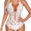 Aranmei Sexy Lingerie for Women Lace Teddy Bodysuit Deep V Cut Out Matching Panty Underwear (Large, White)