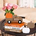 7 Pcs Thanksgiving Fall Table Decor Farmhouse Wooden Fall Signs with Book Stack 3D Truck and Pumpkins for Tiered Tray Autumn Wooden Table Centerpiece for Harvest Mantle Home Bookshelf Gift