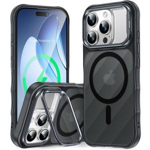 [Camera Ring Stand+Wave Magnetic Back] for iPhone 16 Pro Max Case, [Fit for Magsafe][Non-Slip Edge] Matte Translucent Protective Phone Case Cover Men Women for iPhone 16 Promax 6.9", Black