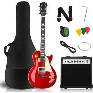 LP Electric Guitar Beginner Kit with 20W Amp & All Starter Accessories, Solid Body, Mahogany Wood (Red)