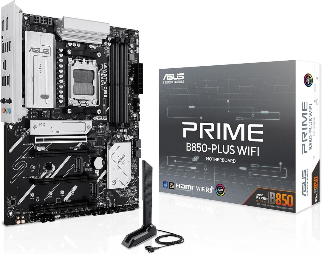 ASUS Prime B850-PLUS WiFi AMD AM5 AMD B850 ATX Motherboard, DDR5, PCIe 5.0 Ready, 3X M.2, Wi-Fi 6E, 2.5Gb LAN, DisplayPort, HDMI, USB 10Gbps Type-A & Type-C®, BIOS Flashback, Aura Sync, AI Advisor