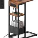 C Shaped End Table with Charging Station, Small Side Table for Couch Recliner, Slide Under Sofa Desk Snack Tables with Storage Bag & AC / USB Outlet, Small Spaces Drink Tables for Living Room, Bedroom