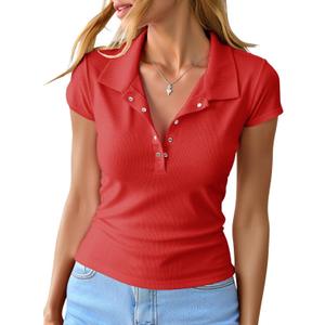 Womens Deep V Neck Tops Casual Cap Sleeve Polo Shirts Collared Button Up Ribbed Knit Tees (L)